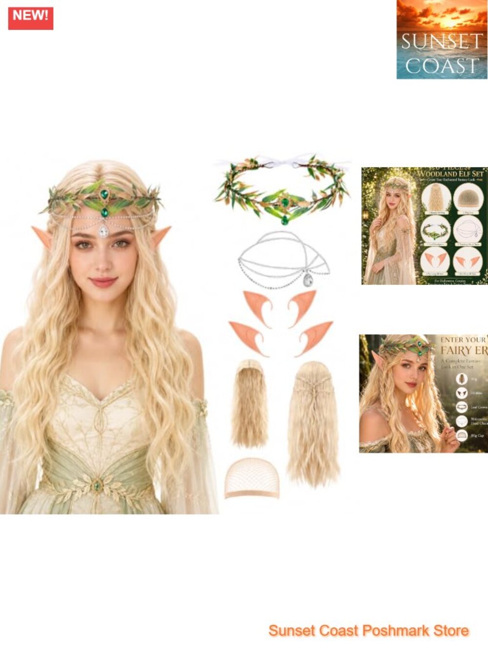 Medieval Fairy Costume Set Wig Elf Ears Headpiece Crown Cosplay